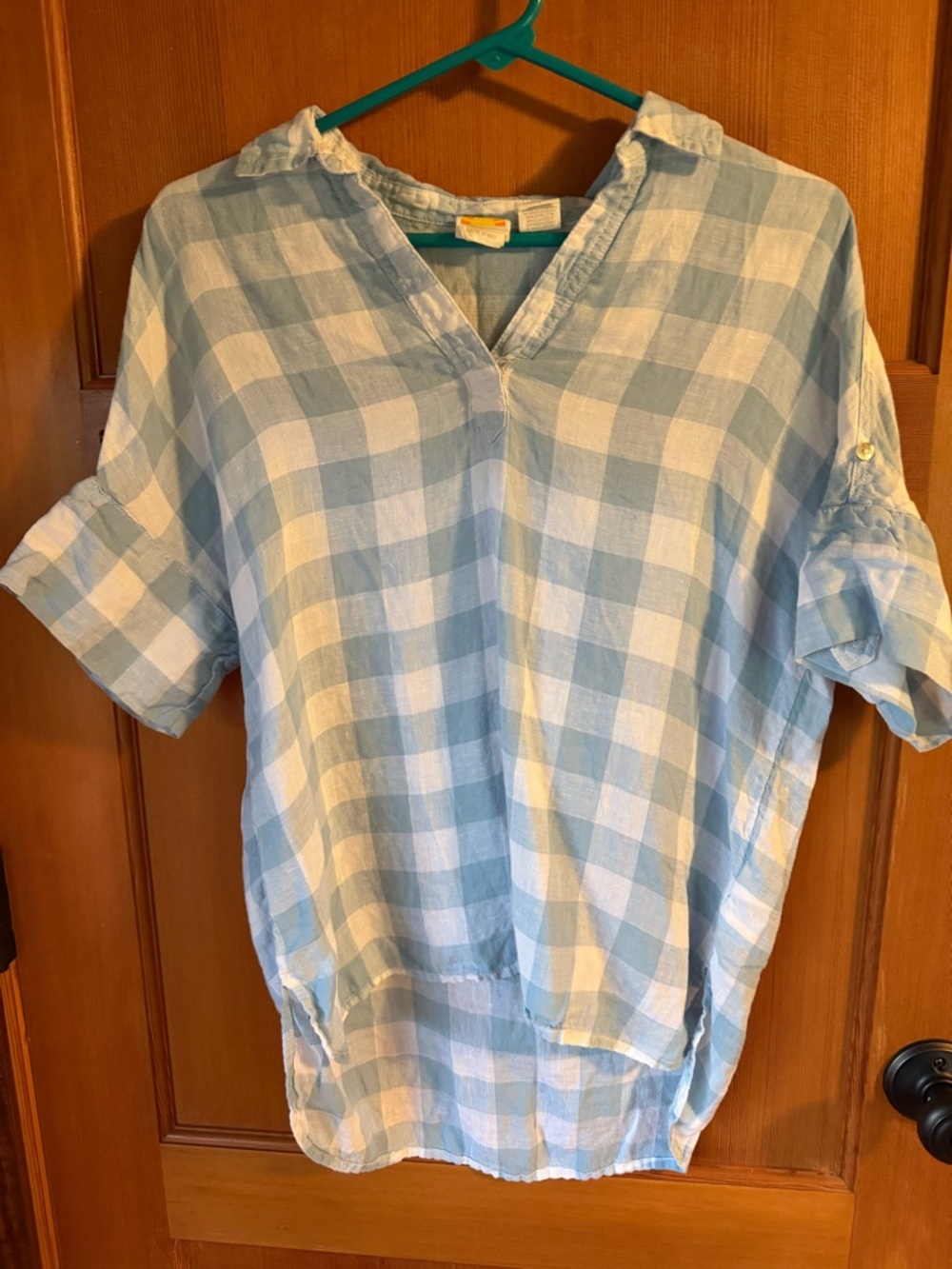 C&C California Light Blue and White Linen Button Top